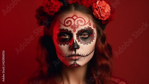 Portrait of a woman with sugar skull makeup over red background, Halloween costume and make-up , generative ai tools