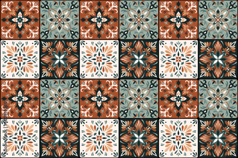 Seamless colorful patchwork in turkish style. Brown and green colors. Azulejos tiles patchwork. Portuguese and Spain decor. Islam, Arabic, Indian, ottoman motif.  - obrazy, fototapety, plakaty 