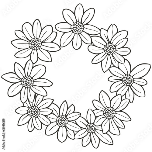 Gerbera wreath doodle sketch style. Round wreath of daisies. Circular floral rim for card, invitation, decoration, vector illustration