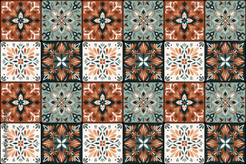 Seamless colorful patchwork in turkish style. Brown and green colors. Azulejos tiles patchwork. Portuguese and Spain decor. Islam, Arabic, Indian, ottoman motif. 