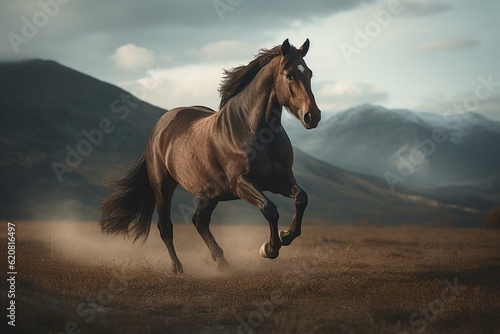 Graceful equine galloping across vast landscape. Generative AI