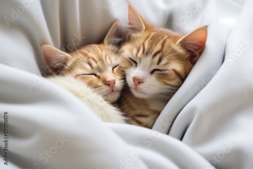 Top view of two small striped domestic kittens hugging and sleeping in the plaid. Generative AI 