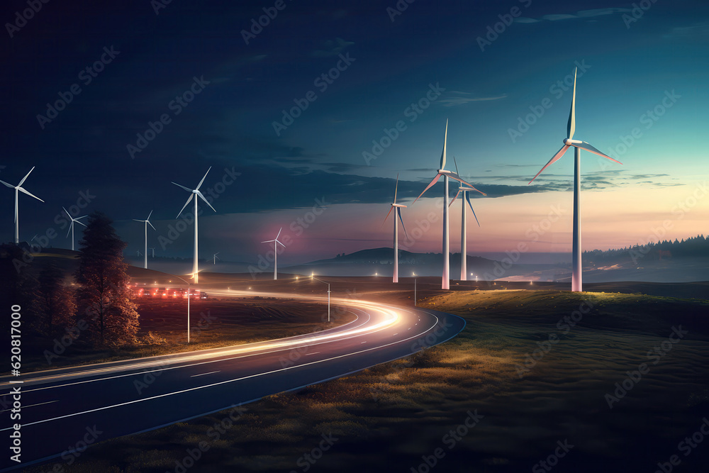 Wind Turbines Alopngside Highway, Poweripng Streetlights. Generative AI