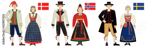 flags and folk costumes of the Scandinavian countries