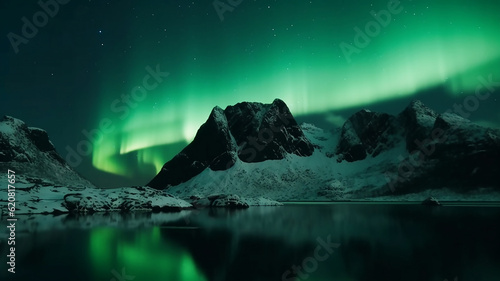 Glowing green Northern Lights in a night sky, generative AI