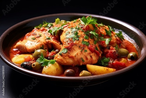 Poulet Basquaise garnished with olives and parsley on a white plate