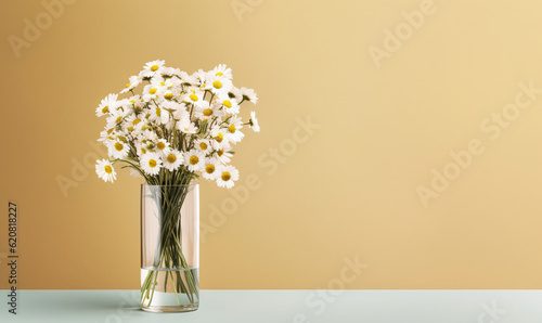  a glass vase filled with white daisies on a table.  generative ai
