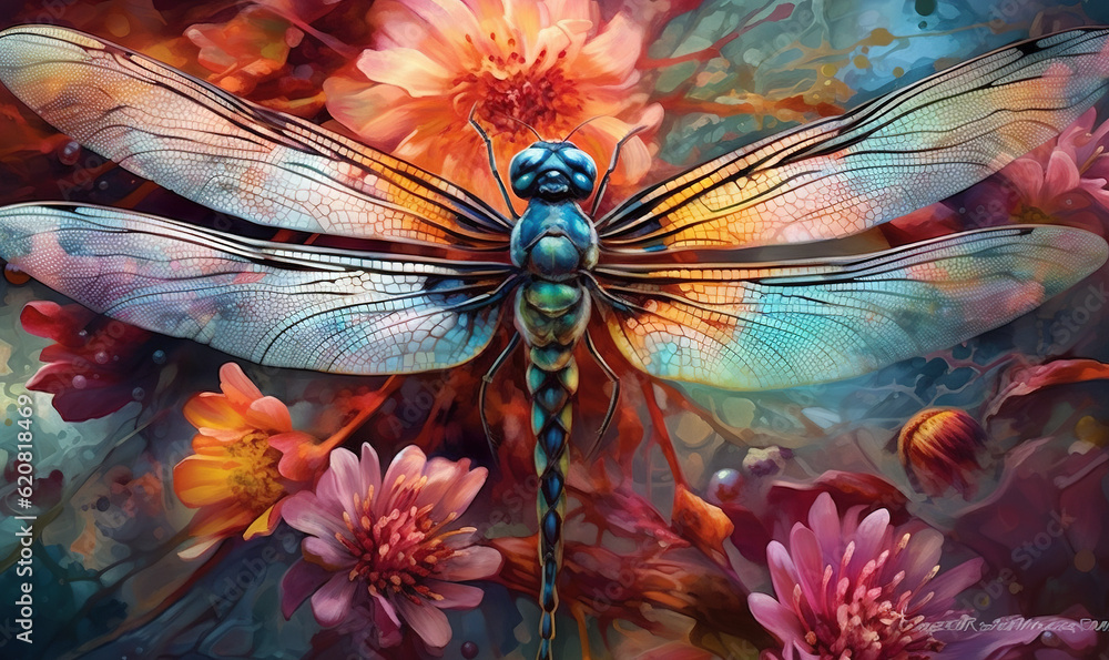  a painting of a dragonfly on a flowery background.  generative ai - obrazy, fototapety, plakaty 