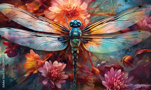 a painting of a dragonfly on a flowery background.  generative ai photo