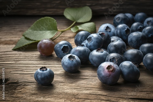fresh blueberries on a wooden table close-up. Generative AI