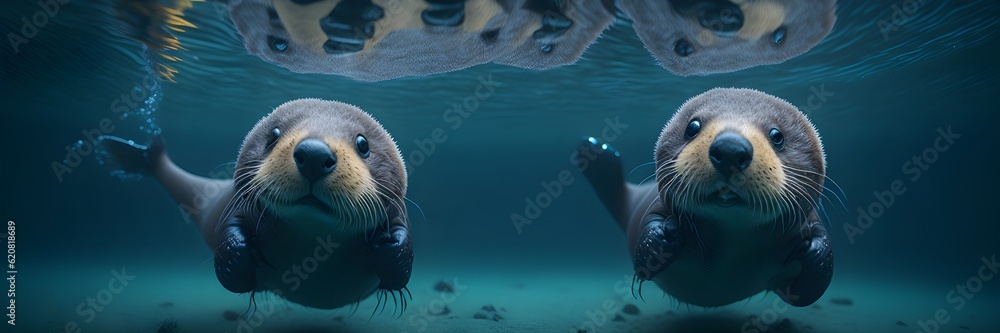 Naklejka premium Cute Sea Otter Playing Underwater (Generative Ai)