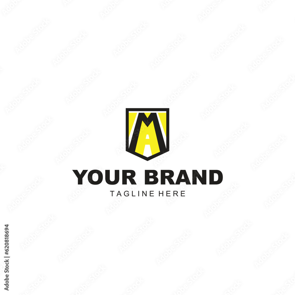 M logo inside shield on yellow background