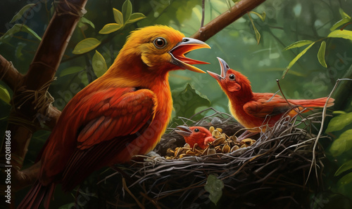  a painting of a mother bird feeding her babies in a nest.  generative ai © Anna