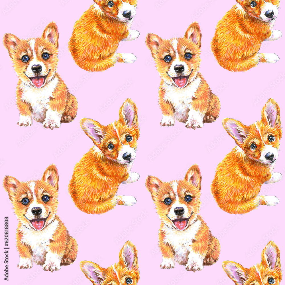 Seamless pattern of hand drawn cute corgi dog character. Drawn by markers illustration. Puppies hand painted on pink background.