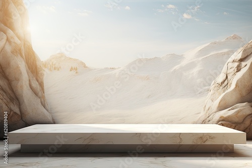 3d rendered white marble podium with stone mountains background. photo