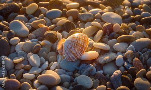  a shell is laying on a bed of rocks and gravel. generative ai