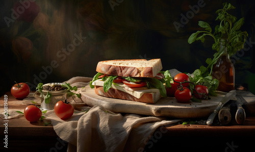  a sandwich with tomatoes and lettuce on a cutting board. generative ai