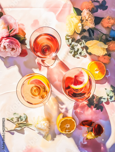 Three glasses of rosé wine sharing a table with sliced fresh oranges