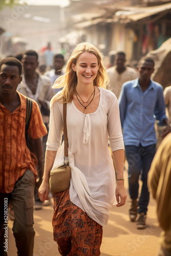 Young blonde woman in Africa in African city - theme development aid, emigration or outsider - Generative AI