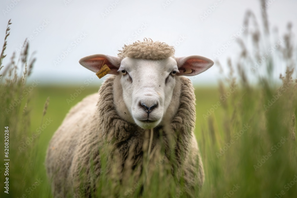 Animal, dike funny sheep is looking at you from its meadow on farm background. Sheep. Generative AI