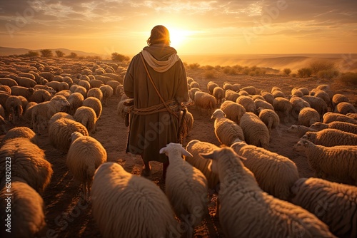 A bible jesus shepherd with his flock of sheep during sunset. Generative AI