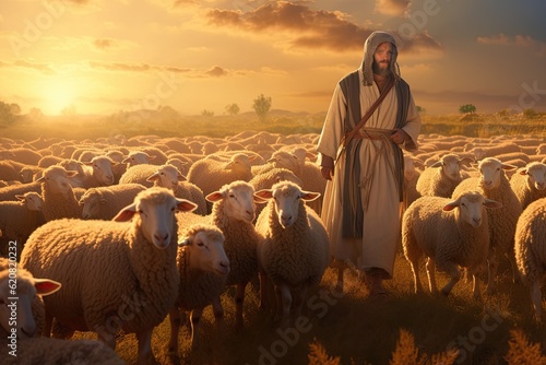 A bible jesus shepherd with his flock of sheep during sunset. Generative AI © tong2530