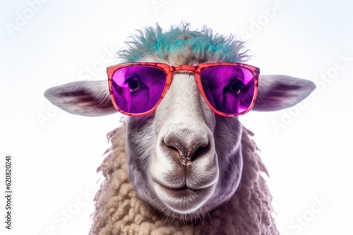 A sheep  Colorful of funny sheep wearing sunglasses isolated on white background. Generative AI