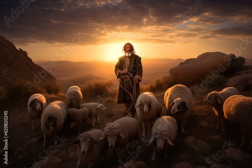 A bible jesus shepherd with his flock of sheep during sunset. Generative AI © tong2530