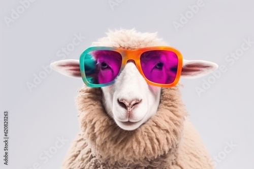 A sheep, Colorful of funny sheep wearing sunglasses isolated on white background. Generative AI