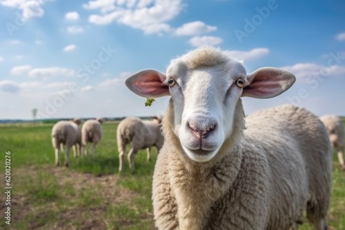 Animal  dike funny sheep is looking at you from its meadow on farm background. Sheep. Generative AI