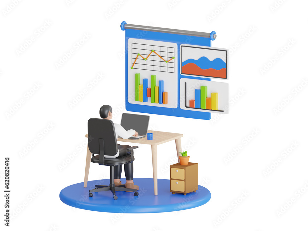 3D Analyst working on business analytics dashboard with KPI, charts and metrics to analyze data and create insight reports. 3d illustration
