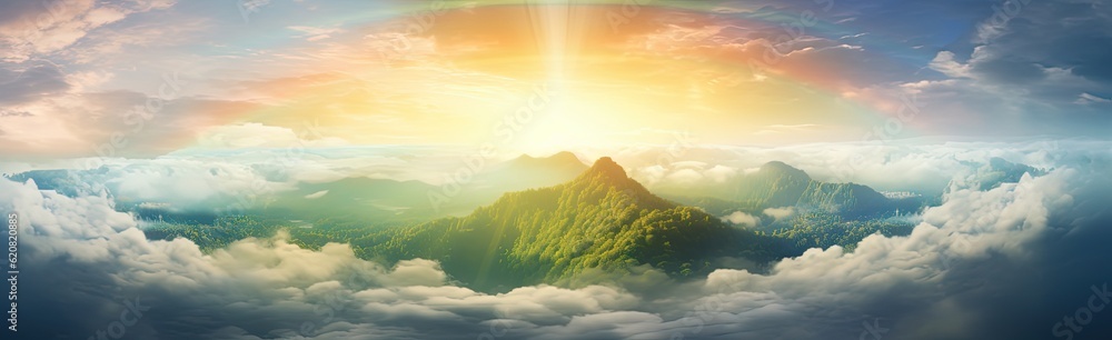  rainbow in the sky over the mountains, ai generated, harmony with nature, mist, abundant symbolism, detailed dreamscapes, 