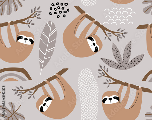 Hand drawn seamless vector pattern with cute sloths and tropical palm leaves. Perfect for textile, wallpaper or print design.