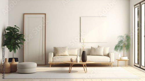 Stylish Living Room Interior with Mockup Frame Poster  Modern interior design  3D render  3D illustration