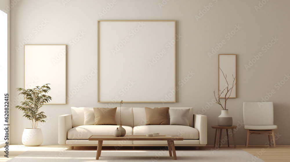 Stylish Living Room Interior with Mockup Frame Poster, Modern interior design, 3D render, 3D illustration Stylish Living Room Interior with Mockup Frame Poster, Modern interior design, 3D render, 3D illustration