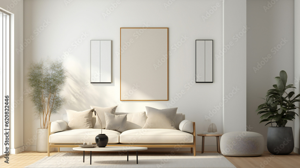 Stylish Living Room Interior with Mockup Frame Poster, Modern interior design, 3D render, 3D illustration Stylish Living Room Interior with Mockup Frame Poster, Modern interior design, 3D render, 3D illustration