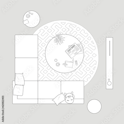 Architectural Drawings, plan vector interior, living room illustration, top view, sofa, rug, tv, Minimal style hand drawn. Sections, Elevations, Floor Plans.