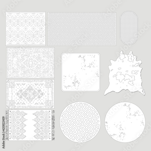 Architectural Drawings vector, rug , mat, carpet, leather, living room in terior illustration, Minimal style hand drawn. Sections, Elevations, Floor Plans.