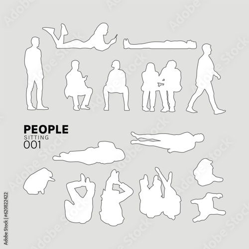 Architectural Drawings women, men, people vector relax illustration, top view, human person Minimal style hand drawn. Sections, Elevations, Floor Plans.