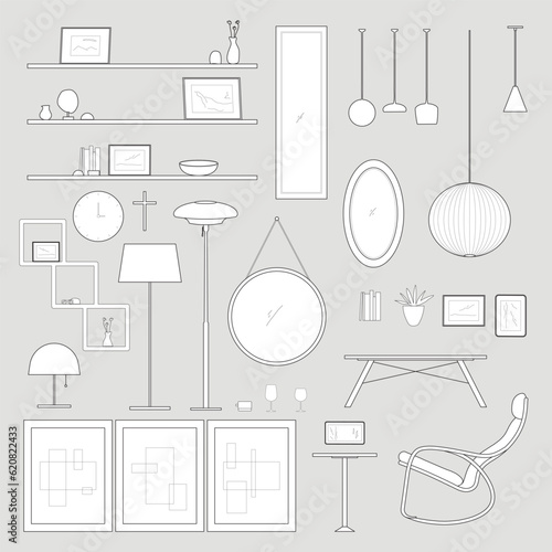 Architectural Drawings vector, decorate living room interior illustration, Minimal style hand drawn. Sections, Elevations, Floor Plan. mirror, frame, jar, lamp, shelf