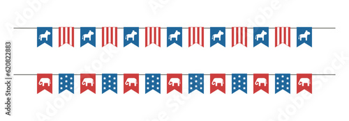 Bunting with USA flags, elephants and donkeys. Isolated vector and PNG illustration on transparent background.