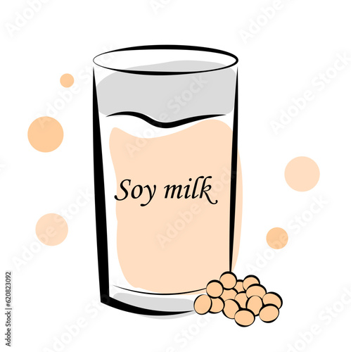 A glass of soy milk and soybeans on a white background. Vector illustration in doodle style