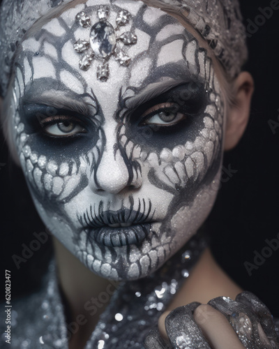 Woman with sugar skull makeup with jewelry. close-up.Dia de los muertos, mexican holiday of the dead Generative AI