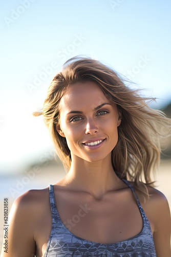 smiling beautiful woman in bathing suit on beach