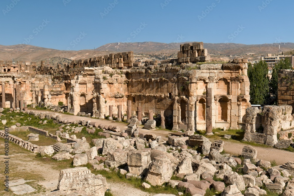 Ruins of the ancient Baalbek city built in the 1st to 3rd centuries. Today UNESCO monuments. View of The Great Court of ancient Heliopolis's temple complex. Lebanon.