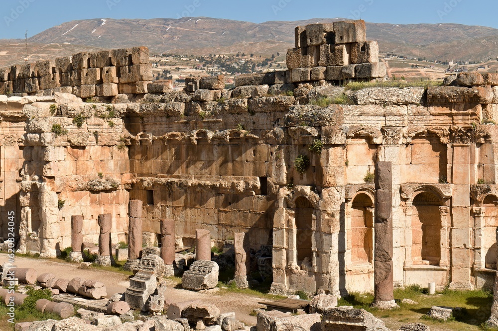 Ruins of the ancient Baalbek city built in the 1st to 3rd centuries. Today UNESCO monuments. View of ancient Heliopolis's temple complex. Lebanon.