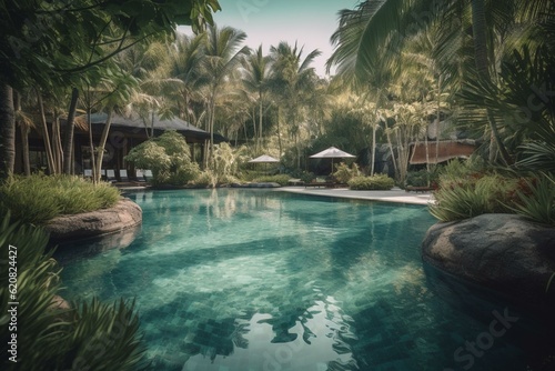 Stunning pool at lush resort, Phuket, Thailand. Generative AI