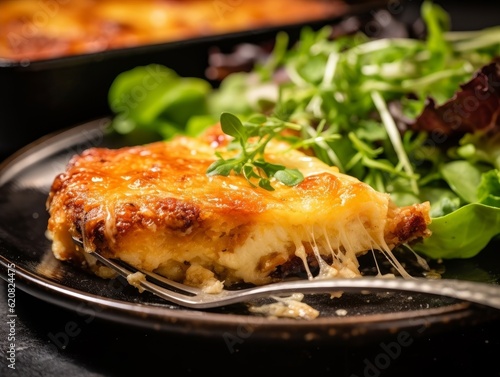 Gratin Savoyard with golden-brown crust, cheesy layers, and a side of fresh green salad