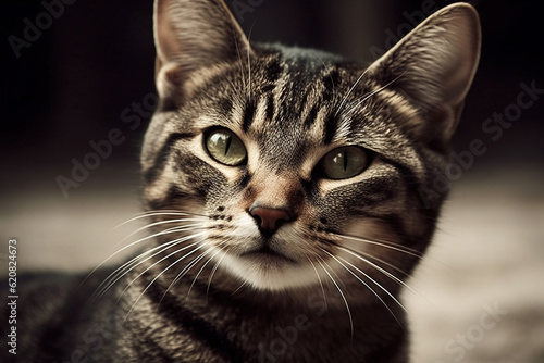 Portrait of the cute cat staring. Beautiful kitten looking deep. Generated AI. © swillklitch