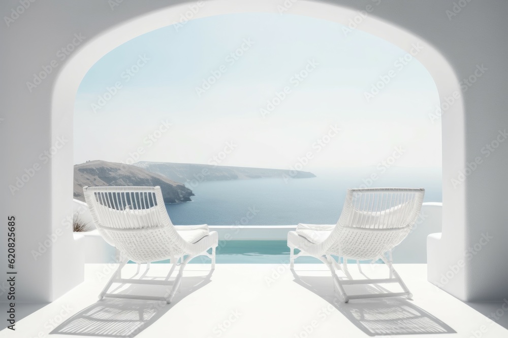 Fototapeta premium Chairs sea view arch. Generate Ai